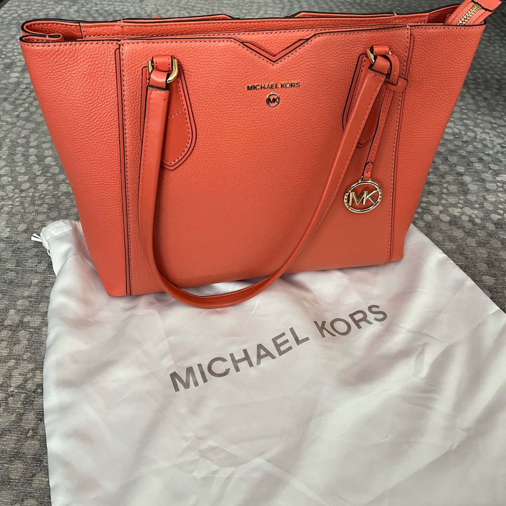 Michael Kors Coral Pebbled Leather Tote With Gold Hardware